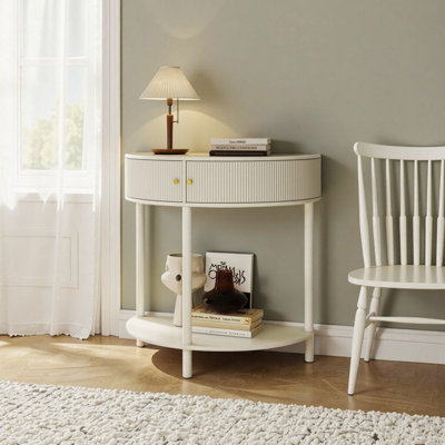 Console demi-lune fabriquée à la main à motif de vagues avec finition blanc crème et rangement pour le vestibule et le salon