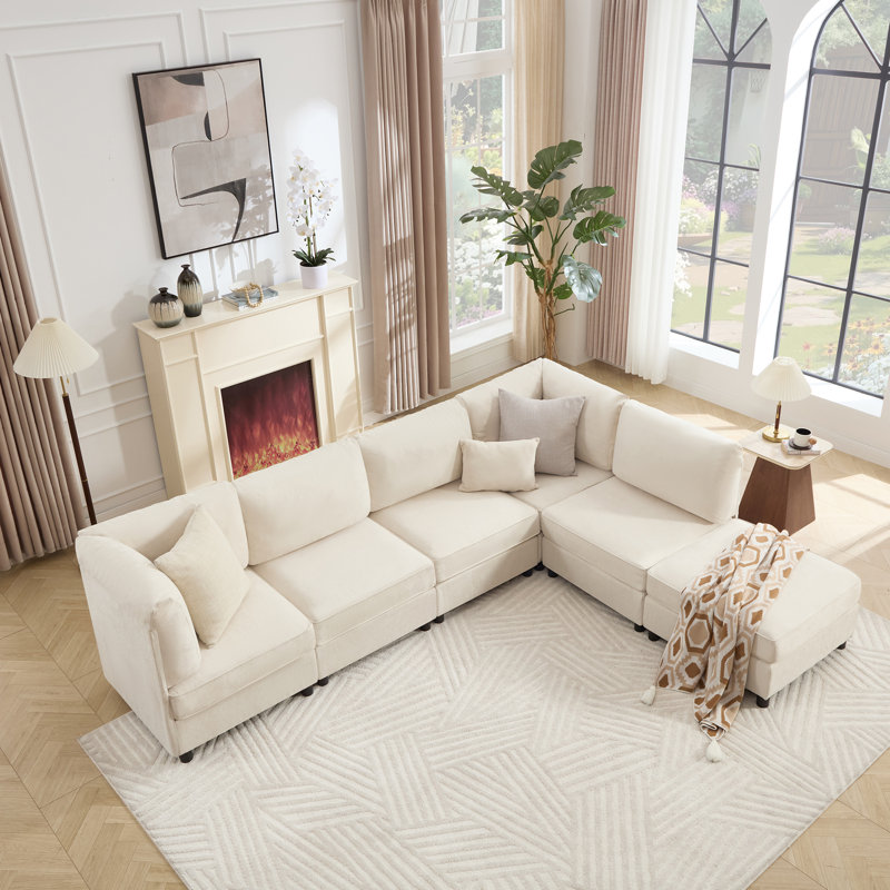 Canapé modulaire rembourré 6 pièces avec repose-pieds 6 pièces, Mélange de polyester beige