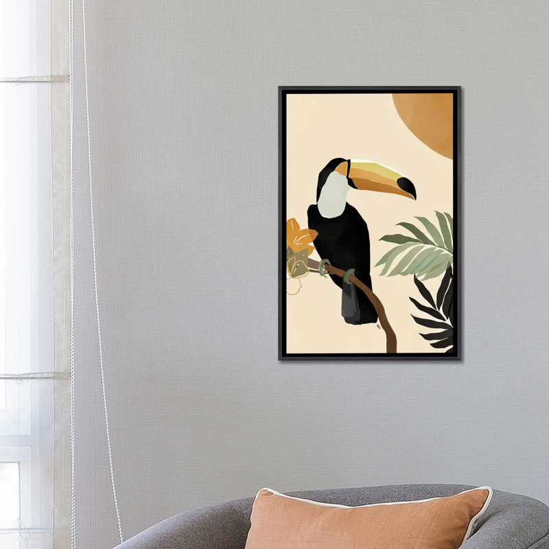 Impression d’art graphique, "Toucan" par Brie Nicole, H 26 po x l 18 po x 1,5 po, Toile avec cadre noir patiné, Pas de tapis