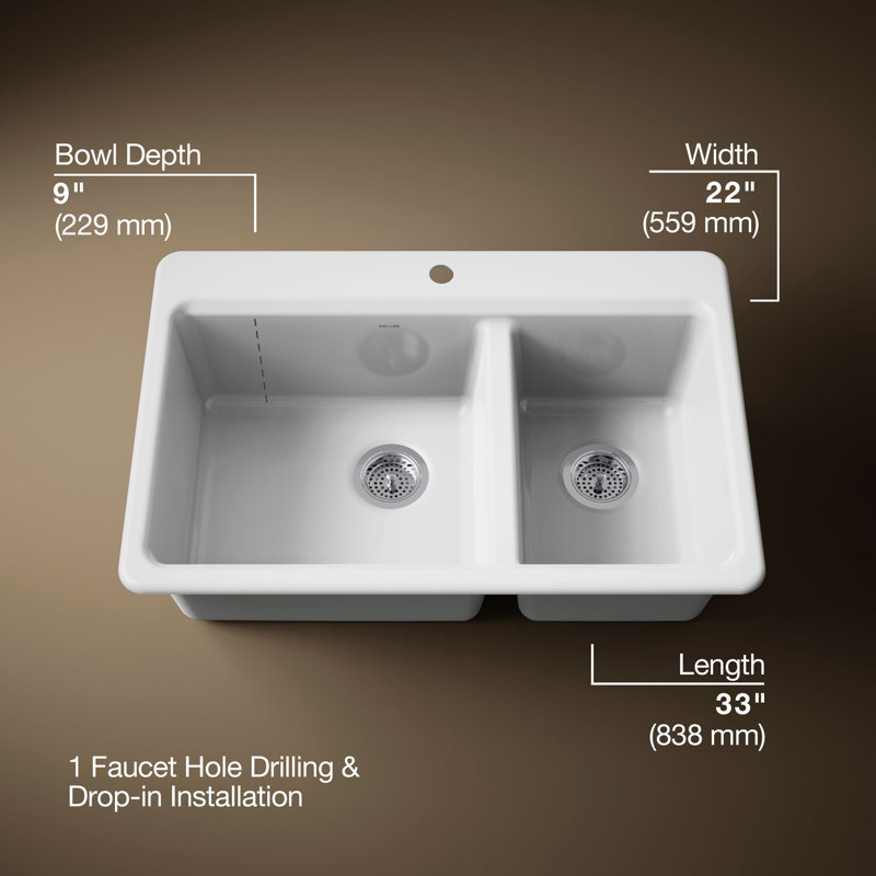 Riverby 33 In. Top-Mount Double-Bowl Kitchen Sink, White, 1 hole, Large/medium bowls