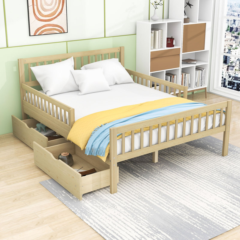 Lit plateforme en bois avec garde-corps et tiroirs de rangement, Lit double