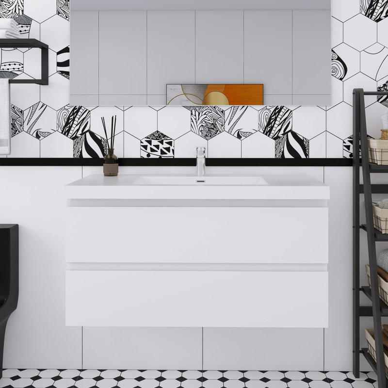 Meuble-lavabo mural simple avec plateau en résine, Blanc lustré, 42"