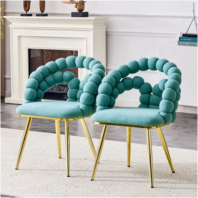 Ensemble de 2 chaises de salle à manger en velours bleu sarcelle avec pieds dorés, chaises d'appoint rembourrées modernes pour la salle à manger et la cuisine