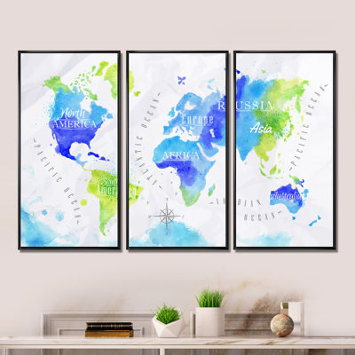 Carte du monde - 3 pièces, reproduction encadrée sur toile