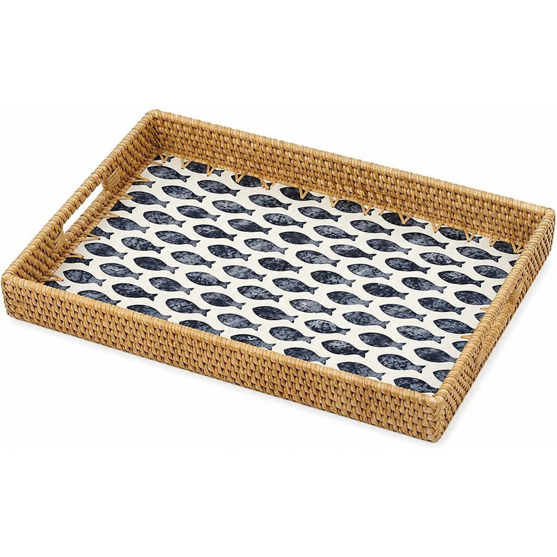 Rattan Serving Tray, Rectangle Coffee Table Tray With Mother Of Pearl Inlay, Decorative Wicker Basket With Handle For Coffee, Bread, Fruits, And Snacks