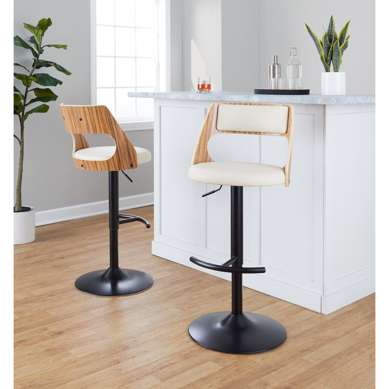 Adjustable Black Metal and Zebra Wood Barstools with Cream Faux Leather