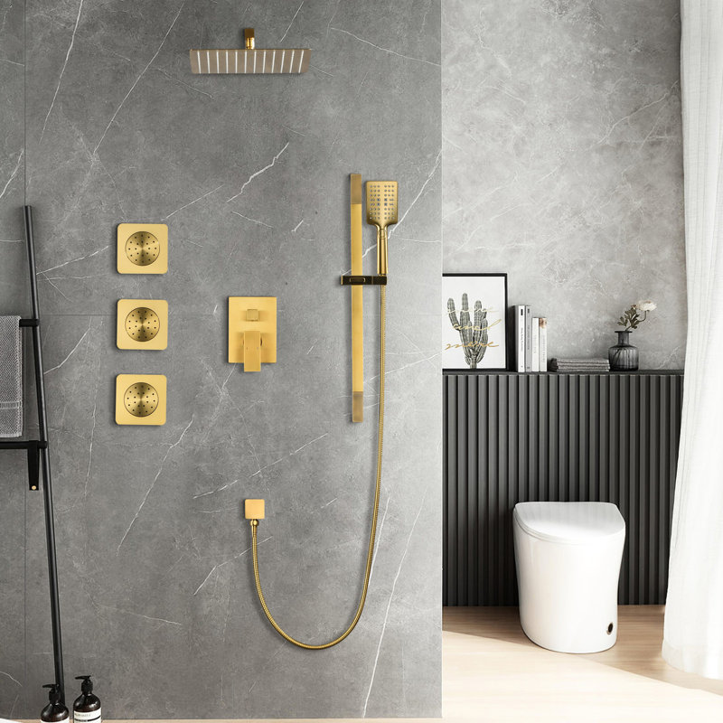 Golden Shower System With Head, Hand Shower, Slide Bar, Bodysprays, Arm, Hose, Valve Trim And Lever Handles. Self-Cleaning Head For Natural Rainfall Calmful Zone. , Brass. 12.24 In. Depth, 58.63