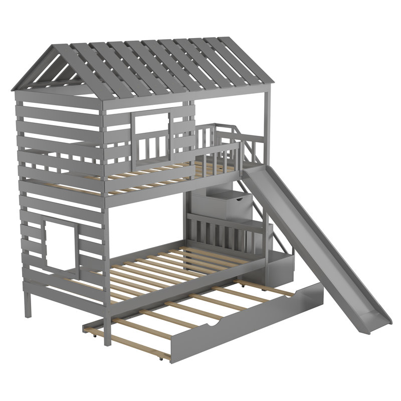 Brinckerhoff Twin Over Twin Standard Bunk Bed with Trundle by Harper Orchard, Gray