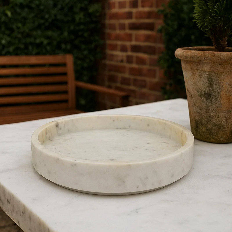 Bol décoratif décoratif, marbre blanc de style antique à bord du plateau, 13 po
