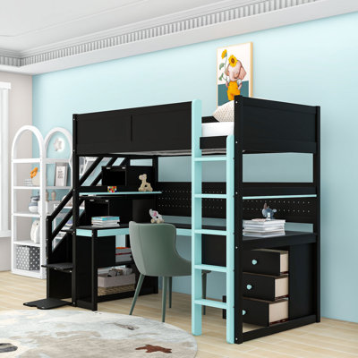 Lit mezzanine en bois avec bureau intégré et escalier de rangement
