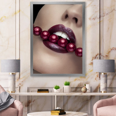 " Woman Bitting With Red Lips With Red Pearls "