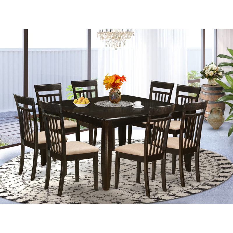 9 Piece Modern Dining Table Set Includes a Square Wooden Table with Butterfly Leaf and 8 Linen Fabric Kitchen Dining Chairs, 54x54 Inch, Cappuccino