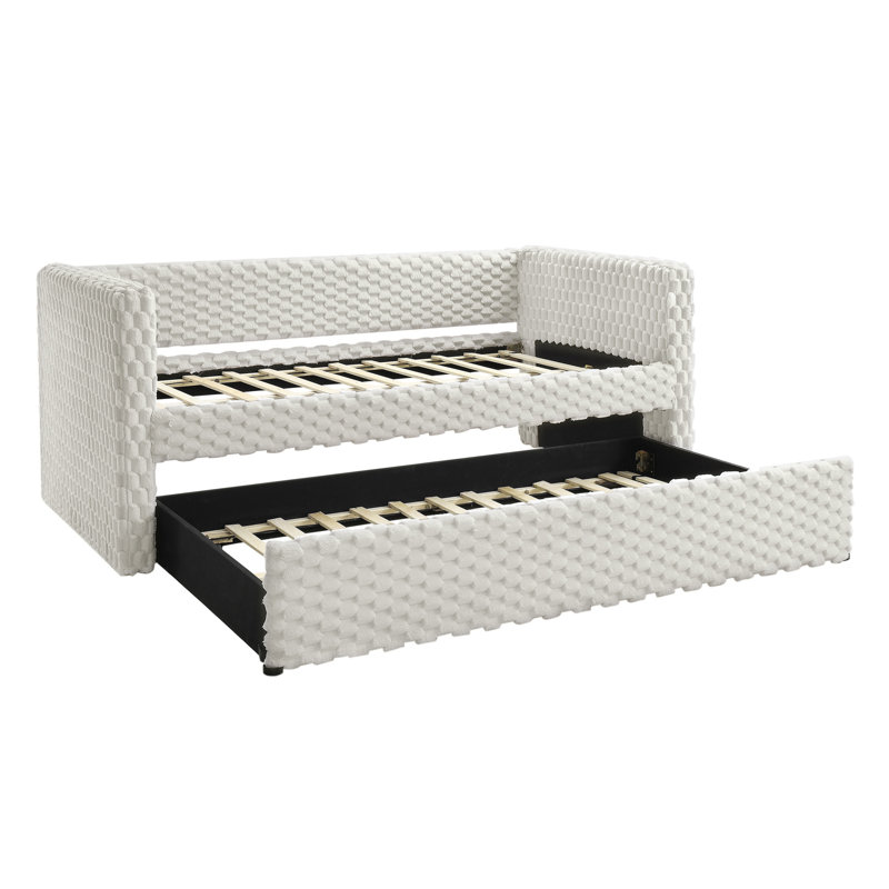 Beautiful 1Pc Modern Daybed  Armrest Pull Out Trundle Bedroom Living Room Furniture Dove Textured Furniture, Antique White