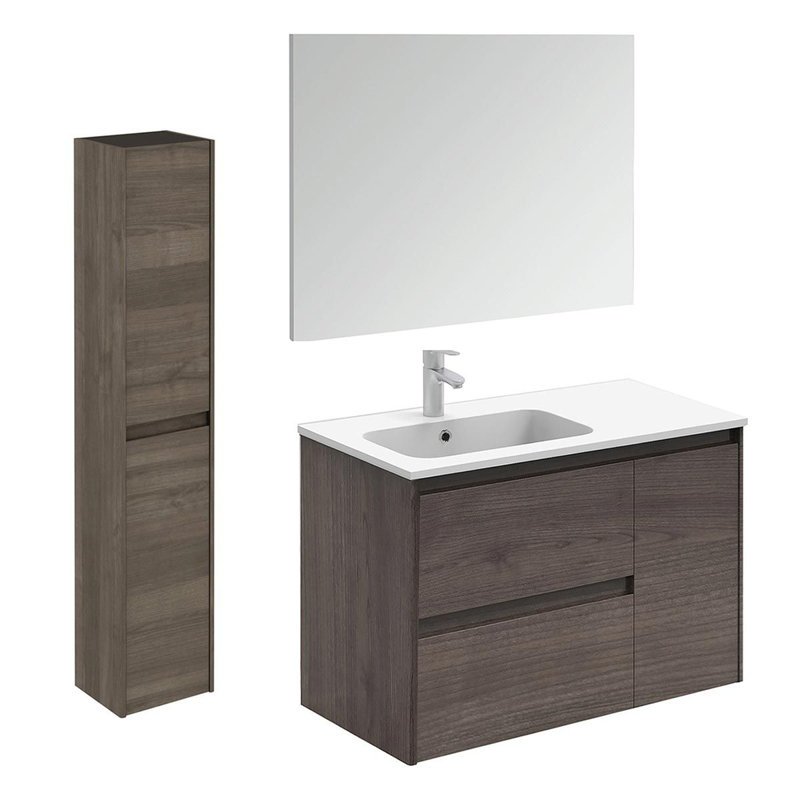 Ambra 35.6'' Samara Ash Single Sink Bathroom Vanity with Integrated Ceramic Top and Mirror