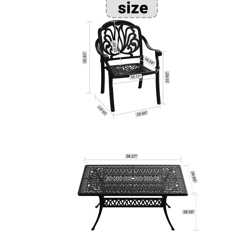 Mobilier de patio noir avec coussins - structure en aluminium, corrosion, conception ergonomique toutes saisons, sièges confortables résistants aux intempéries