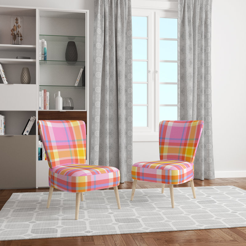 Chaise d'appoint rembourrée à motif jaune et rose à motif tartan
