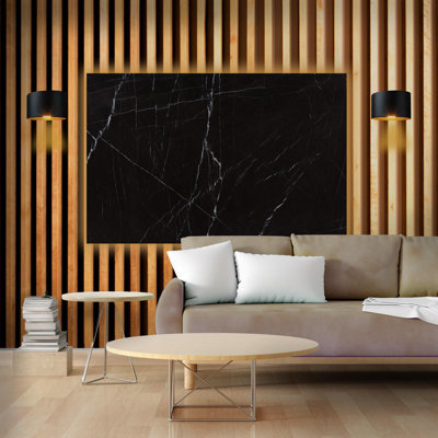 Papier peint mural effet marbre noir et lattes de bois | Papier peint moderne imitation panneaux | Intissé ou adhésif