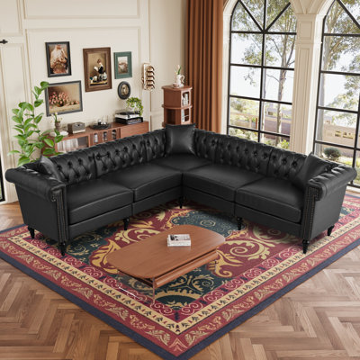 Spacieux canapés modernes en cuir synthétique, Chesterfield réversible avec accoudoirs roulés pour le salon