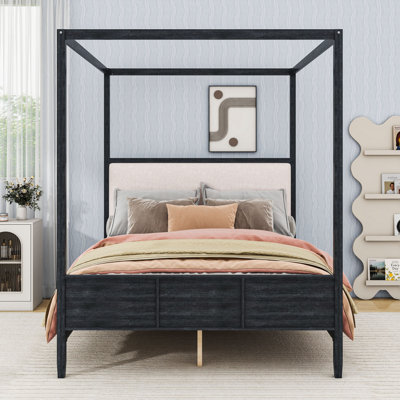 Wooden Canopy Bed with Upholstery Headboard and Slats