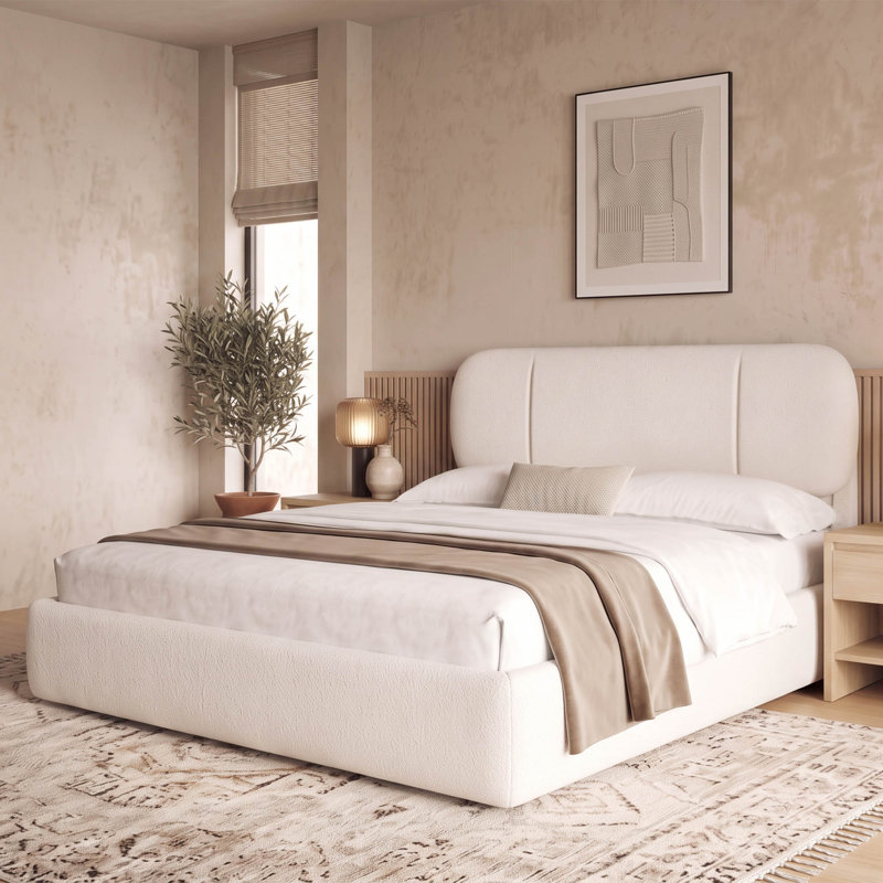 Lit plateforme en tissu de laine d'agneau, cadre de lit rembourré chaud pour la chambre à coucher, Beige, Très grand lit