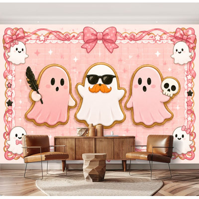 Papier peint mural autocollant à motifs de fantômes roses, nœuds papillons, lunettes d'Halloween à carreaux, style kawaii, grand format, amovible, pour salon, chambre d'enfant (175 cm H x 244 cm L).