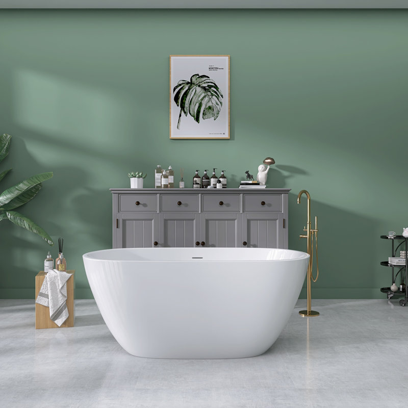 55" Freestanding Soaking Acrylic Bathtub Contemporary Free Standing Bath Tub Modern Stand Alone Tub, Gloss White