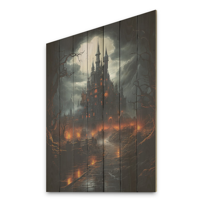 «Haunted Castle At Nightfall I» - impression de châteaux sur bois, H 20 po x l 10 po