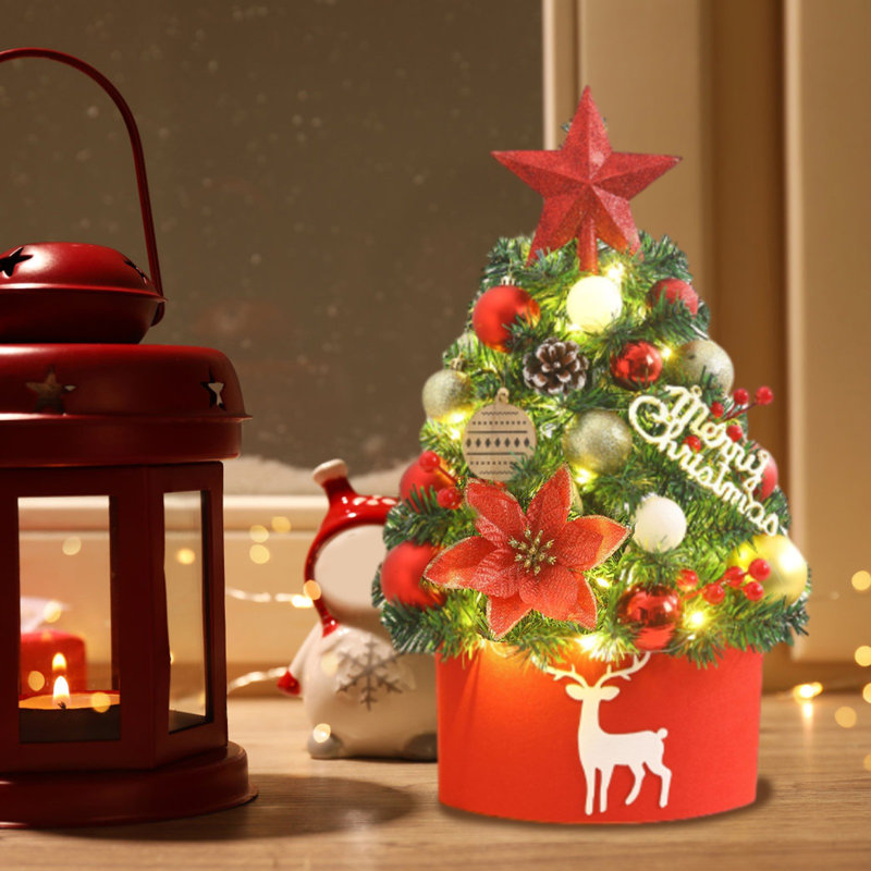 Mini-arbre de Noël blanc en flocage ornementations pour petit arbre de Noël, Red