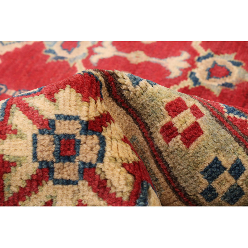 Tapis unique en laine noué à la main 4 pi x 6 pi 2 po nouvel âge Almitra - rouge / bleu / beige