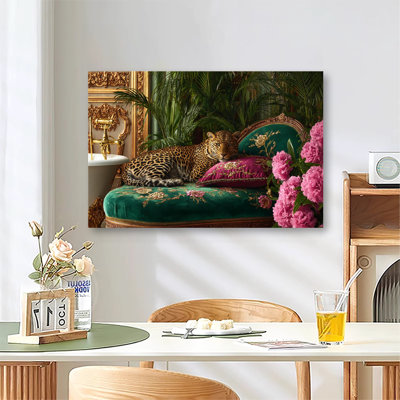 Léopard moderne sur coussin de velours luxueux, grande impression sur toile tendue avec châssis pour salon et chambre à coucher