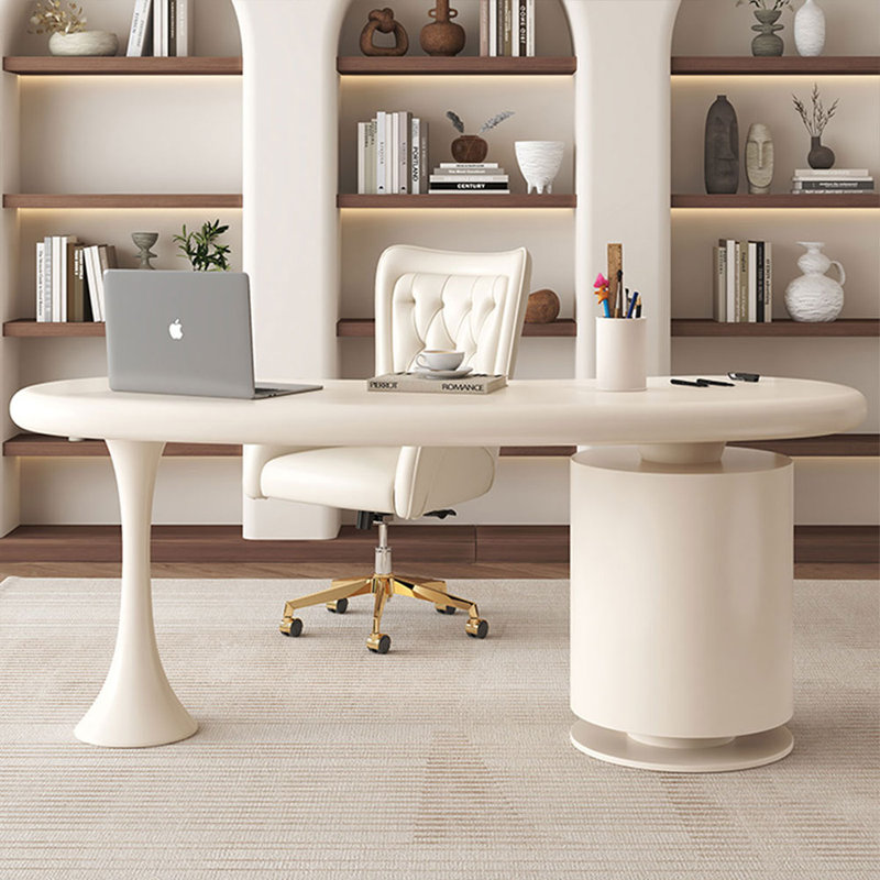 Bureau courbé blanc massif + bois manufacturé avec 2 tiroirs, H 29,6 po x l 70,9 po x P 23,7 po