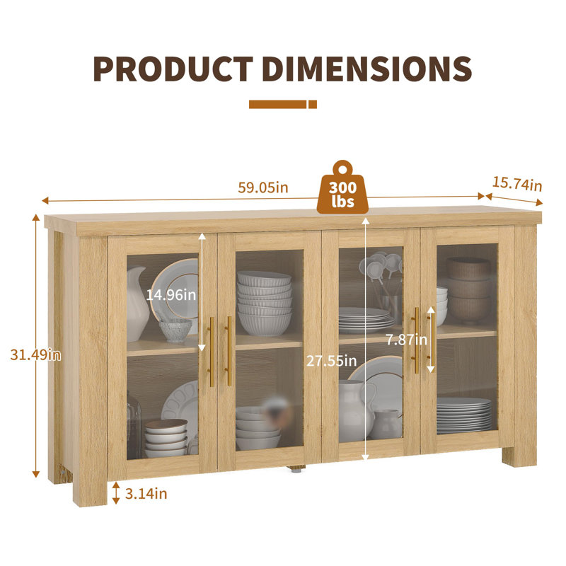 Buffet avec rangement, bahut avec portes en verre trempé, Jaune
