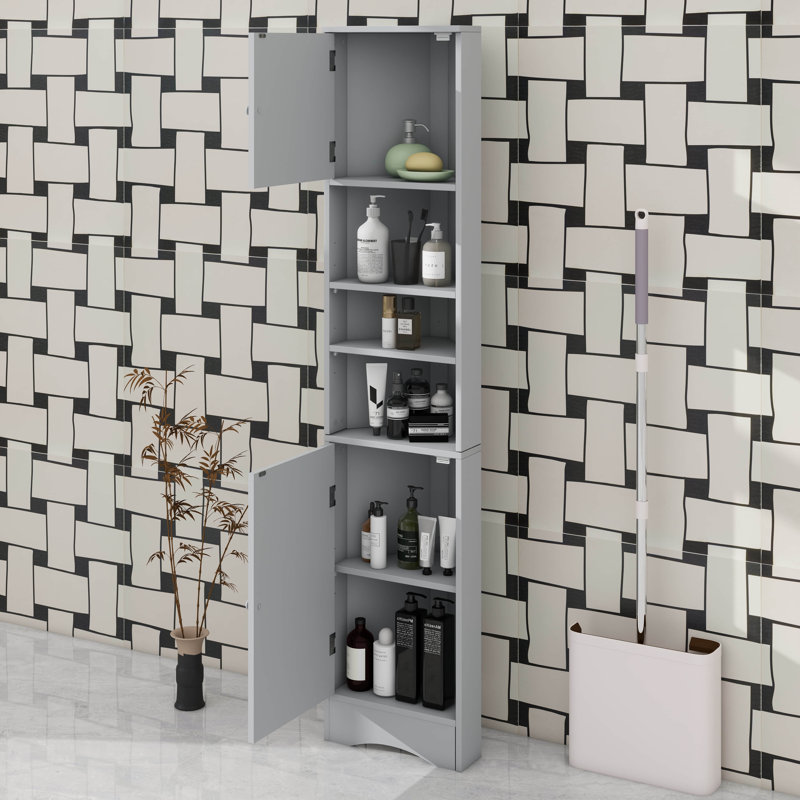 Grande armoire de coin étroite et étroite pour la salle de bain, petite armoire de rangement multifonctionnelle en bois mince avec portes et tablettes