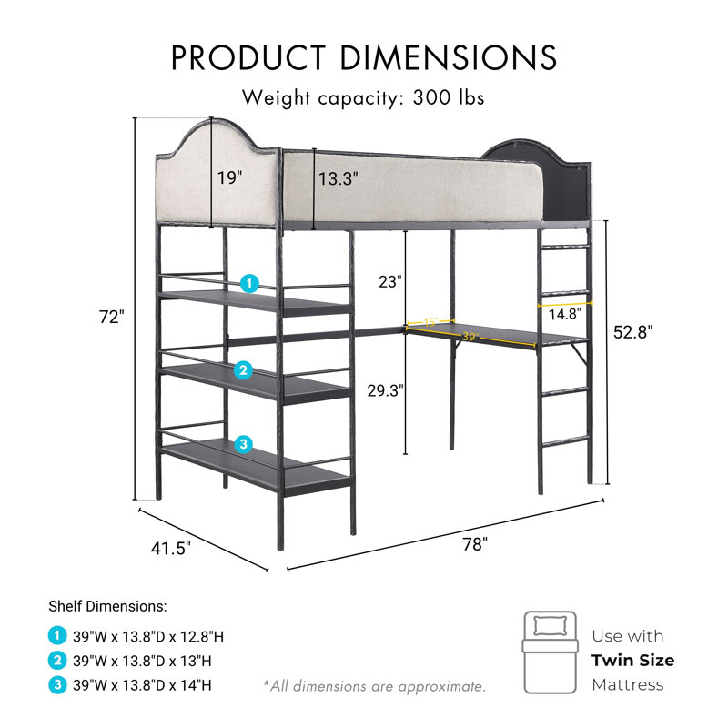 Lit mezzanine avec bureau et rangement Gammill