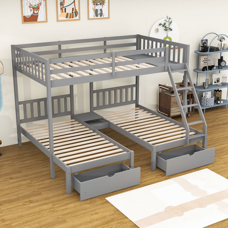 Lit double superposé double au-dessus de simple et double en bois avec tiroirs de rangement intégrés et échelle, Gris