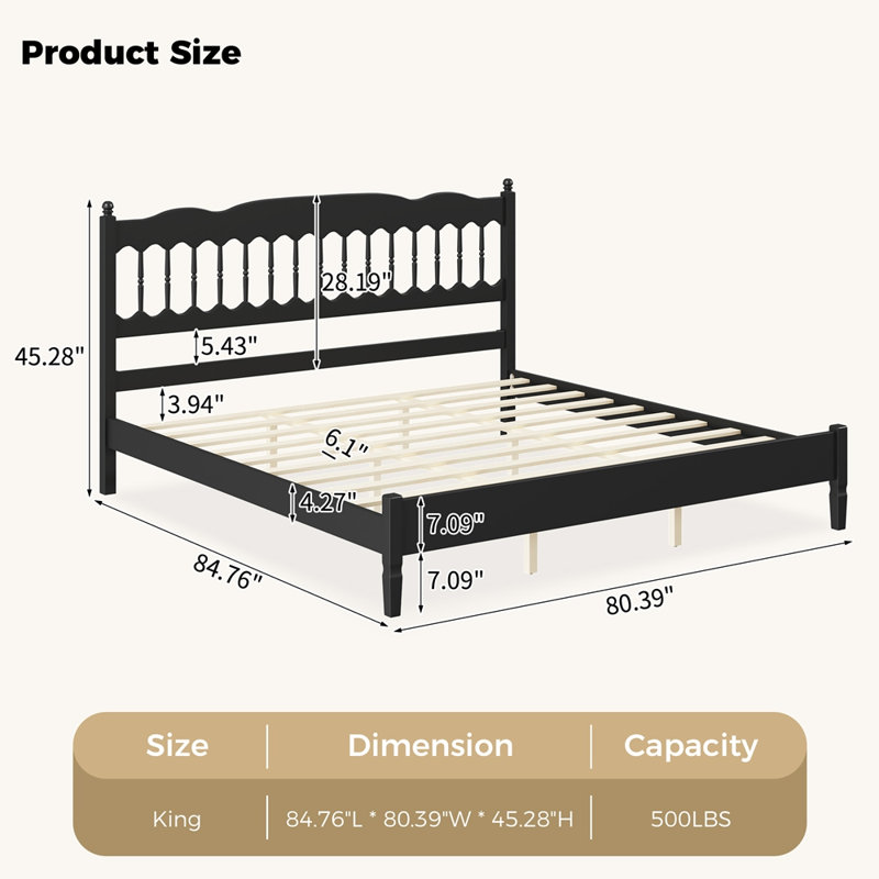 Structure de lit en bois très grand de style campagne avec tête de lit à broche, lit plateforme robuste avec support de lattes, aucun sommier requis, assemblage facile
