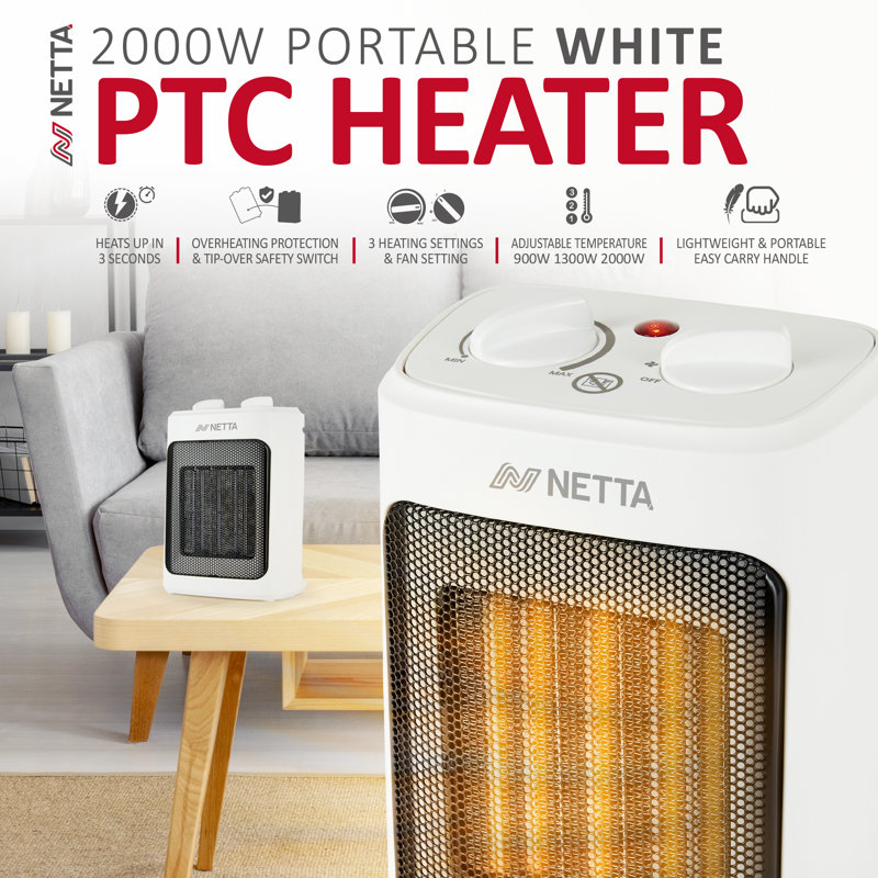 NETTA 2000W Mini Fan Heater with Adjustable Thermostat, 3 Heat Settings & Carry Handle, White