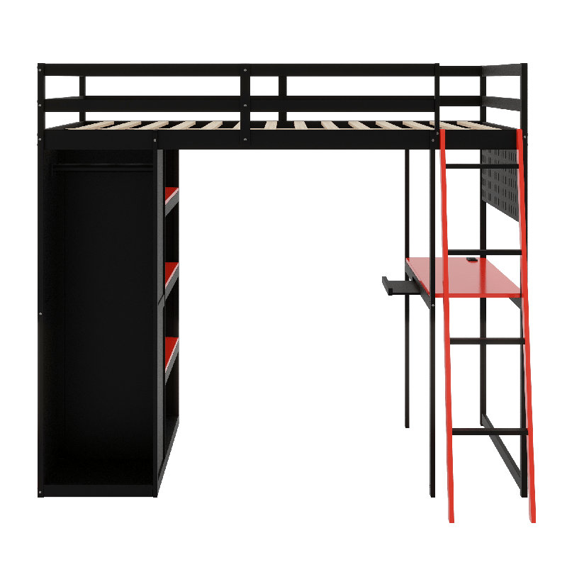 Lit mezzanine en bois, Noir / Rouge