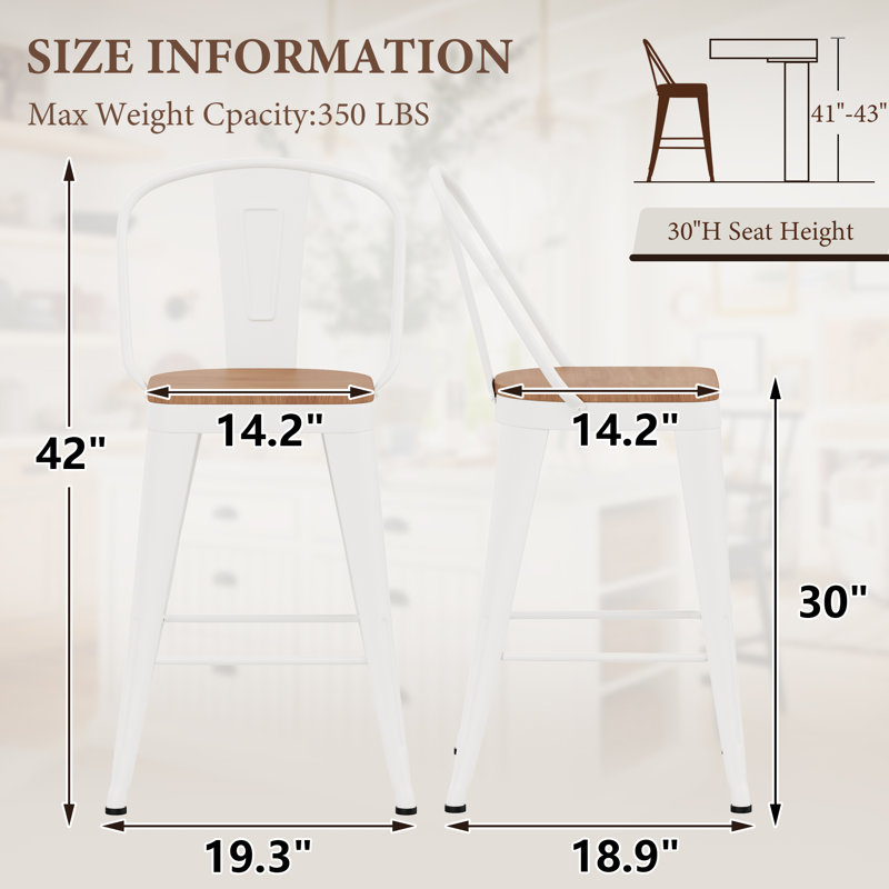 High Back Metal Counter And Bar Stools, Bar Stool (30" Seat Height), White