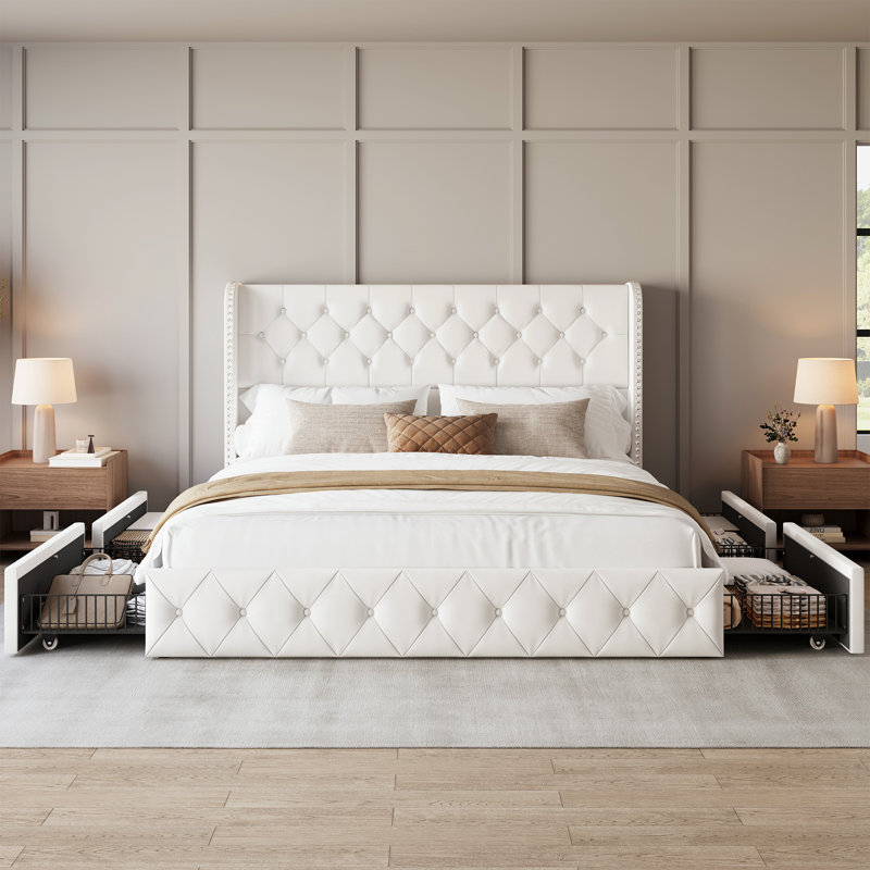 Très grand lit plateforme tapissier avec tiroirs de rangement, structure de lit capitonnée avec dossier à oreilles et tête de lit, blanc