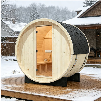 Hylivesaunas Smartmak Outdoor Barrel Steam Sauna, 2 Person Pine Wood Traditional Full View Door Finnish Spa Room, ETL Certified 4.5 KW Stove, Triple Waterproof System, Asphalt Shingles, Stones 195 °F