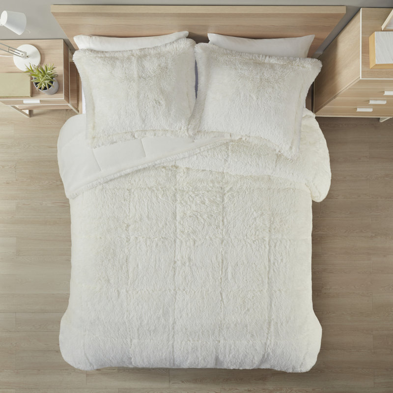 Full White Shaggy Faux Fur Comforter Set