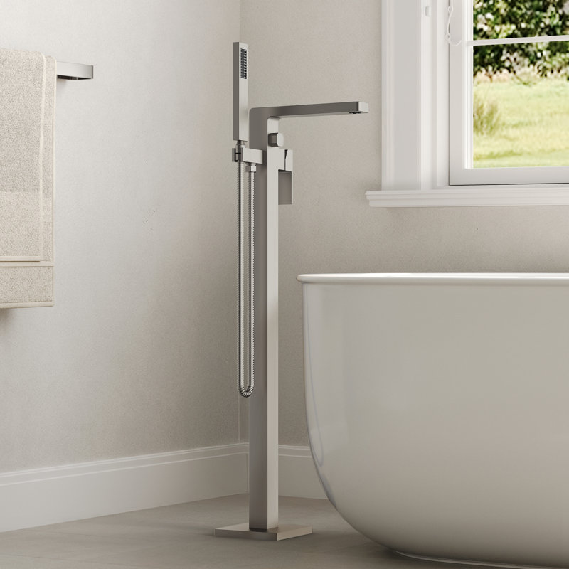 Robinet de baignoire autoportant monocommande à fixation au sol avec douche à main, Nickel brossé