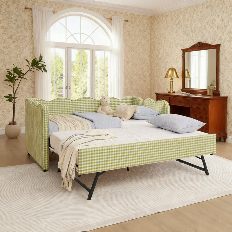 Twin Daybed with Trundle & USB Port - Wave Shaped Gingham No Box Spring Needed, Green
