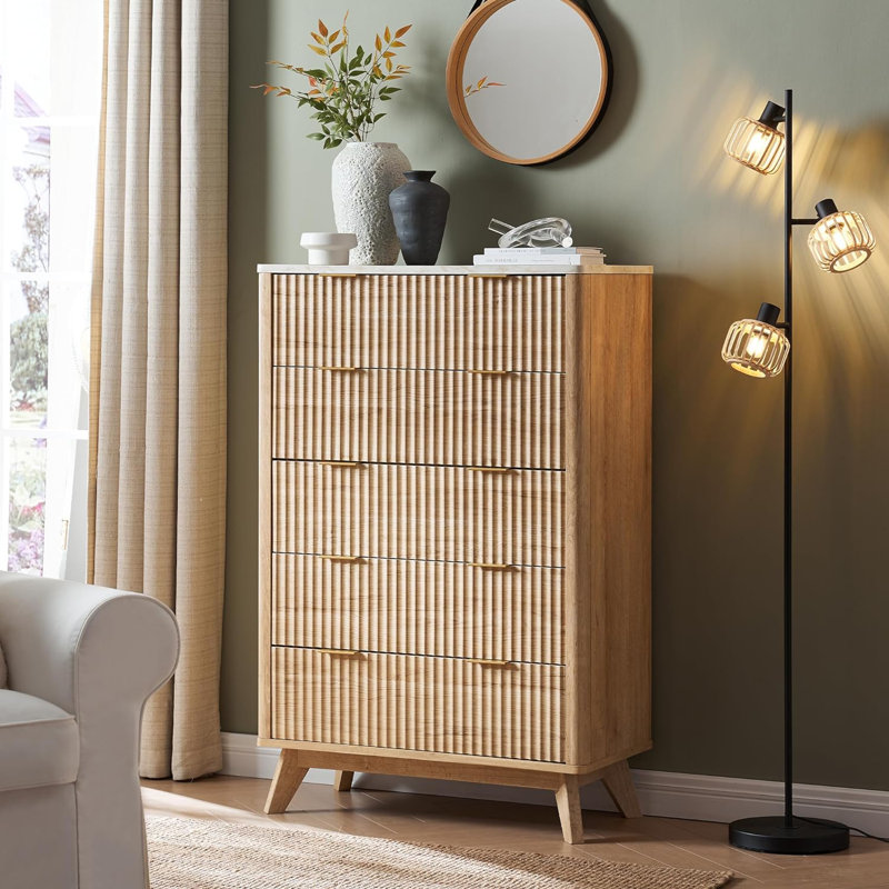 Siyuan Fluted Design 5-Drawers Dresser Organizer, Wood Tall Chest of Drawers, Tan