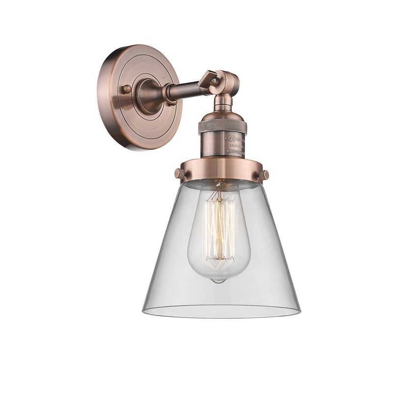Cone 1 Light Sconce, 6 Watt Vinage LED Bulb, Clear, Antique Copper