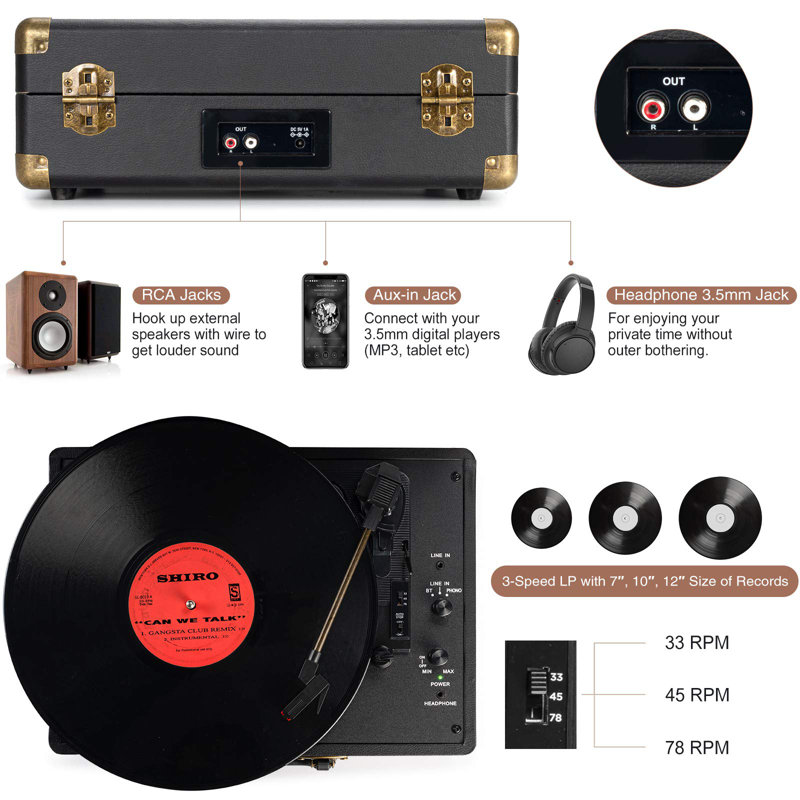 Vintage Black Portable Suitcase Record Player with Built-In Speakers