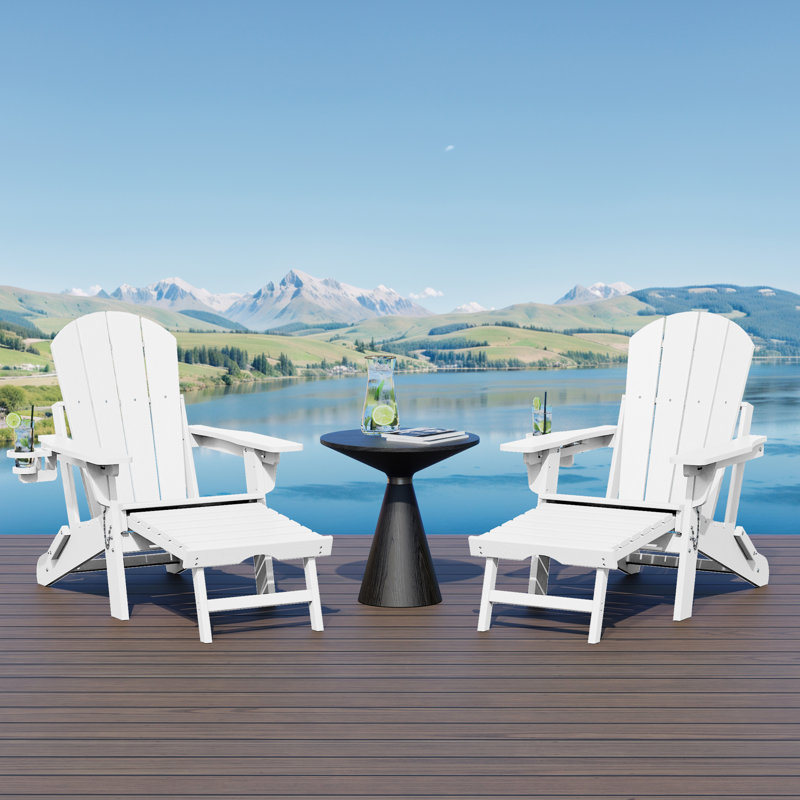Laguna Outdoor Folding Adjustable Adirondack Chair With Cup Holder & Hideaway Ottoman (Set Of 2), White