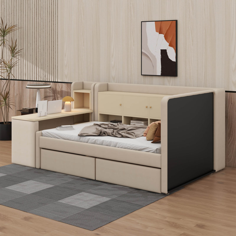 Lit de jour simple rembourré en tissu avec tiroirs, étagères, armoires rabattables et table d'appoint, Beige