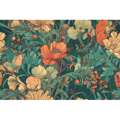 Teal Orange Botanical Floral Wallpaper